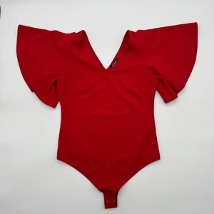 Express Womens Red V-Neck Flutter Sleeve  Bodysuit Size M